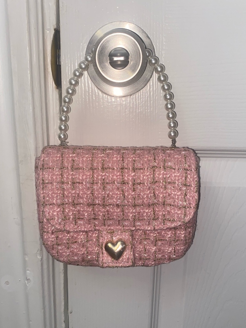 Pink  Tweed purse Handbag with Pearl Handle